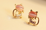 Cute Kitten Crystal Sweet Opal Cat Bow Earrings